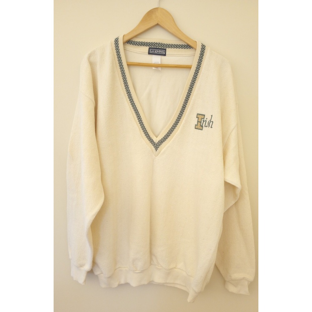 VTG LA Loving IRISH Lettering V Neck Cotton Blend Sweater XL Cream/Green NWOT